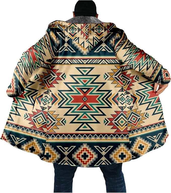 Mens Aztec Print Hoodie Heavyweight Cotton Fleece Jacket Zip Up Warm Long Sleeve Hooded Winter Midi Coat