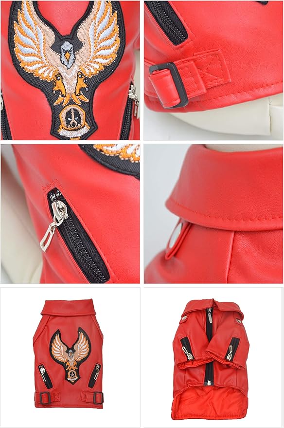 Lovelonglong Cool Dog Leather Jacket, Warm Coats Dogs Windproof Cold Weather Coats for Large Medium Small Dogs with Eagle Embroidery Red B-S