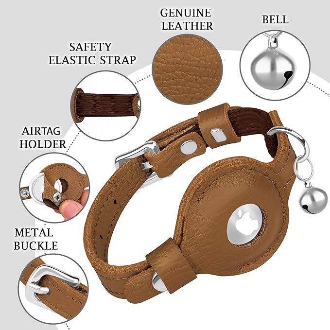 OOPSDOGGY Cat Collar for AirTag Holder, Leather Kitten Collars with Elastic Strap & Bell, Non Breakaway Adjustable Small Pet Collars for Indoor & Outdoor for Boy, Girl (Brown)