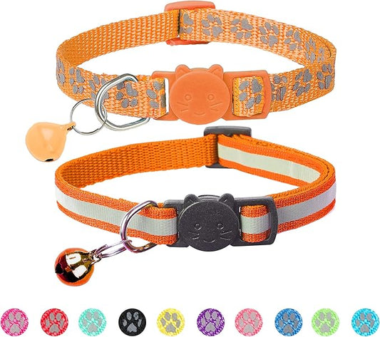BANMODER 2 Pack Reflective Cat Collar Breakaway with Bell,Personalized Kitten Collars,Adjustable Safety Buckle Collar for Male Cats Girls & Boys (Orange)