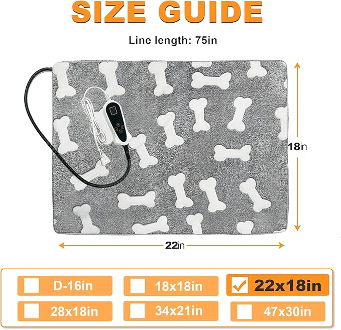 Bestio Pet Heating Pad 22x 18 in Waterproof Heated Cat Bed Adjustable Thermostat Normally ON Function Metal Protective Tubing with a Plush Cotton Cover - Gray