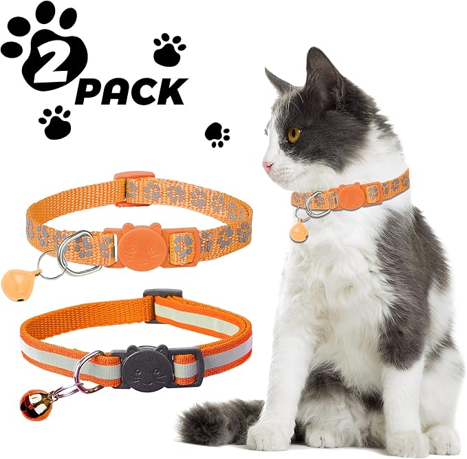 BANMODER 2 Pack Reflective Cat Collar Breakaway with Bell,Personalized Kitten Collars,Adjustable Safety Buckle Collar for Male Cats Girls & Boys (Orange)