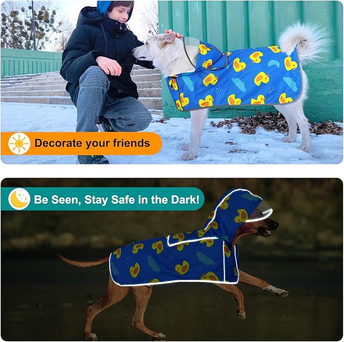 Dog Raincoat Waterproof Dog Rain Jacket Hooded Poncho with Leash Hole, Reflective Rain Coat with Storage Pocket for Large Dogs (Blue, Large)