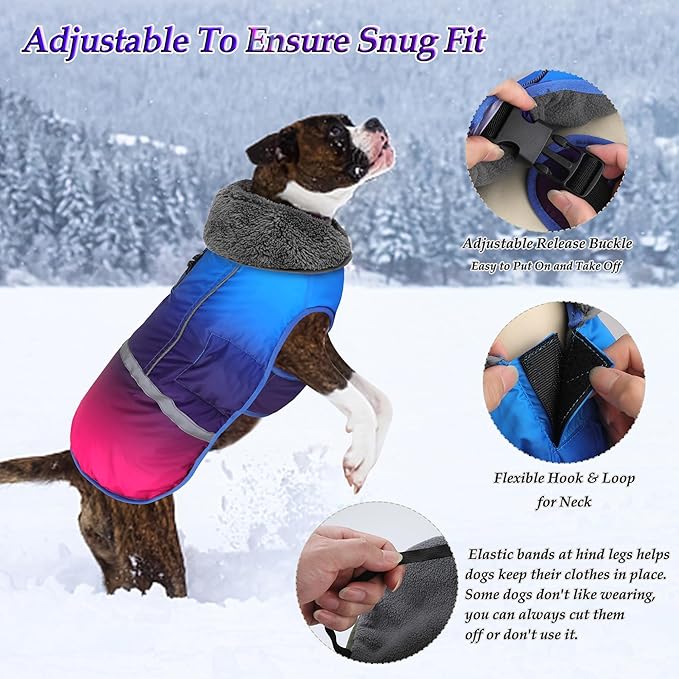 Dogcheer Warm Dog Coat, Waterproof Dog Winter Jacket Christmas Puppy Cold Weather Coats with Buckle, Reflective Adjustable Pet Snow Jacket for Small Medium Large Dogs - Gradient Blue-red, XL