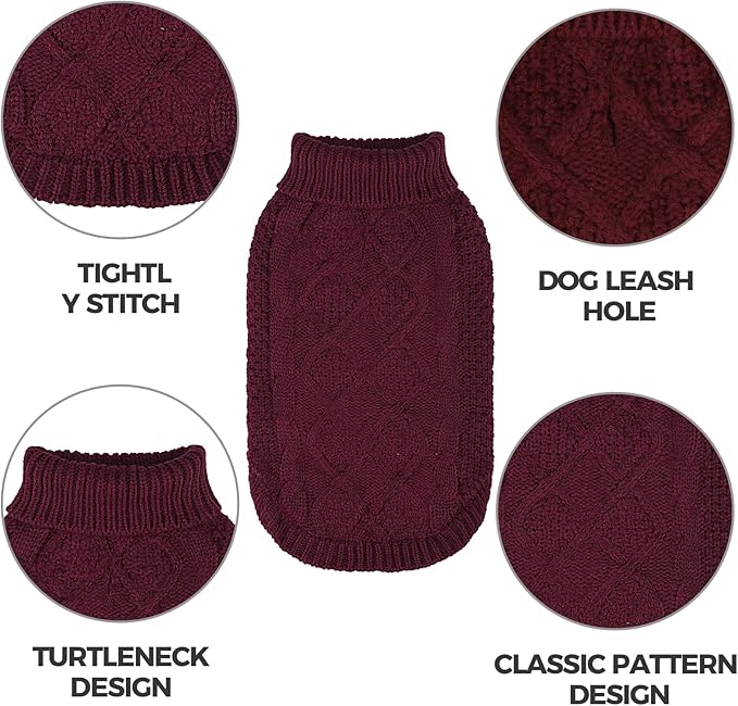 Mihachi Turtleneck Dog Sweater - Winter Coat Apparel Classic Cable Knit Clothes with Leash Hole for Cold Weather, Ideal Gift for Pet in New Year Wine Red X-Small