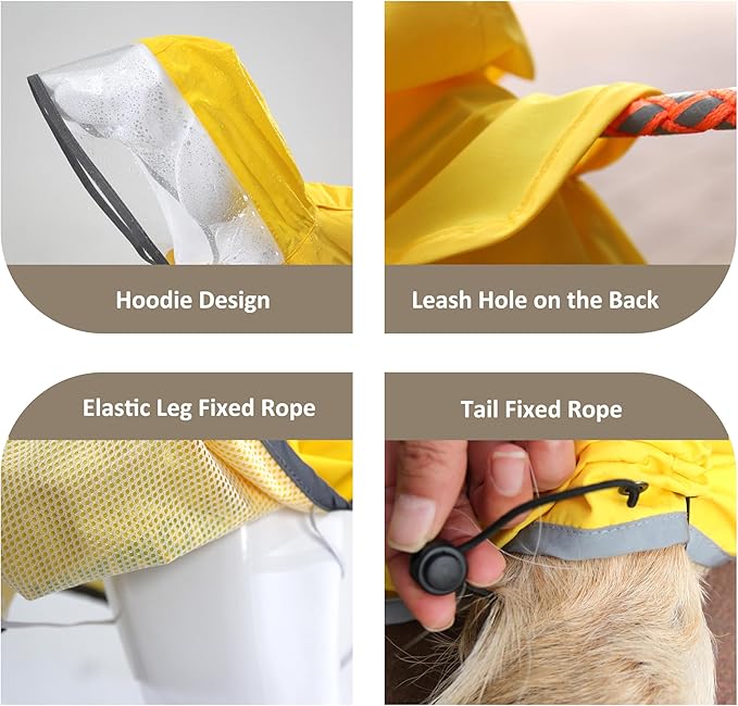 MAMORE Dog Raincoat Waterproof, Lightweight Adjustable Dog Rain Coat Hooded Poncho with Reflective Strip for Large Medium Small Dogs (Yellow, X-Large)