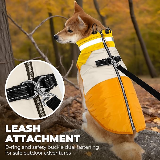 Dog Winter Coat, Reflective Dog Coats for Large Dogs, Waterproof Windproof Pet Clothes Jacket with Harness Built in, Warm Cold Weather Coats, Dogs Snowsuit Vest, Orange XX-Large