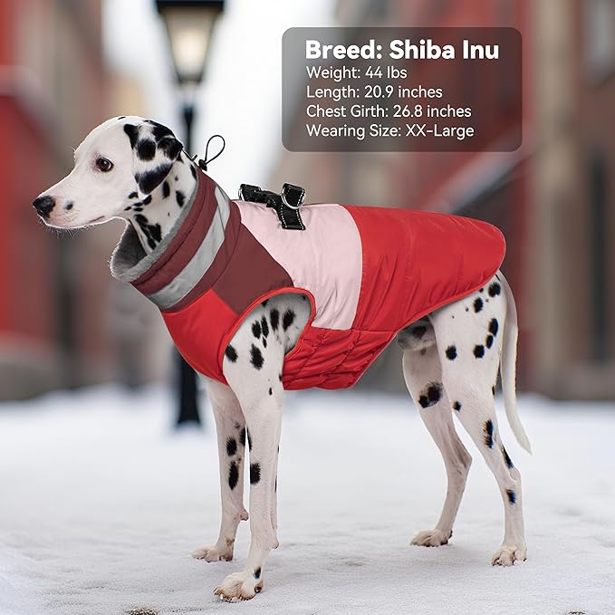 Dog Coat, Waterproof Dog Winter Jacket with Harness Built in, Turtleneck Warm Doggie Cold Weather Coats, Reflective Pet Vest for Indoor & Outdoor, Windproof Dogs Snowsuit, Red Large