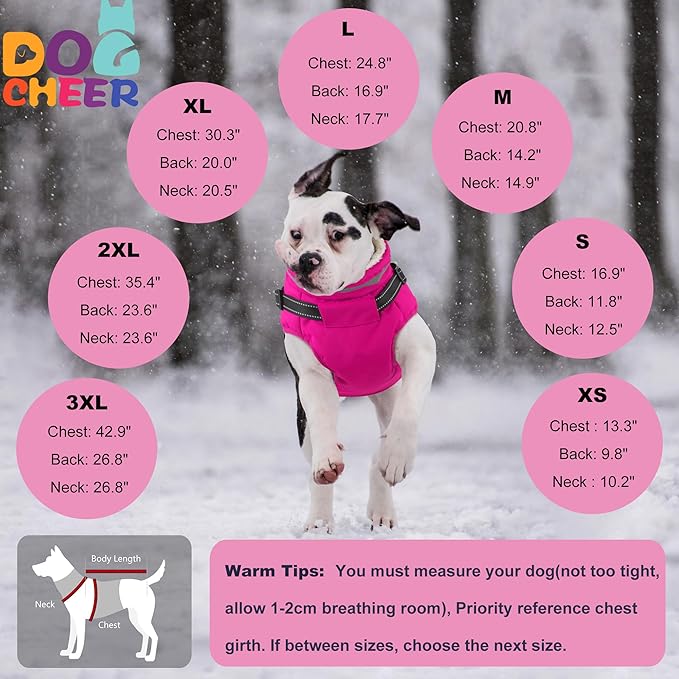 Dogcheer Dog Coat with Harness, Waterproof Warm Dog Winter Jacket with Pockets, Reflective Pet Fleece Jacket Turtleneck Snowsuit for Small Medium Large Dogs - Pink, 2XL