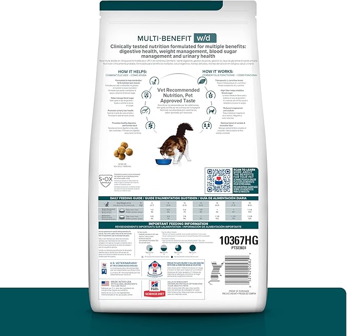 Hill's Prescription Diet w/d Multi-Benefit Digestive/Weight/Glucose/Urinary Management Chicken Flavor Dry Cat Food, Veterinary Diet, 8.5 lb. Bag