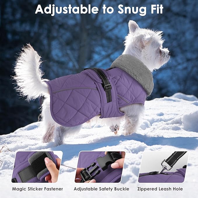 Dog Coat, Waterproof Dog Winter Jacket with Adjustable Buckle, Reflective Turtleneck Pet Snow Vest Warm Fleece Sweater for Small Medium Large Dogs - Purple, XL