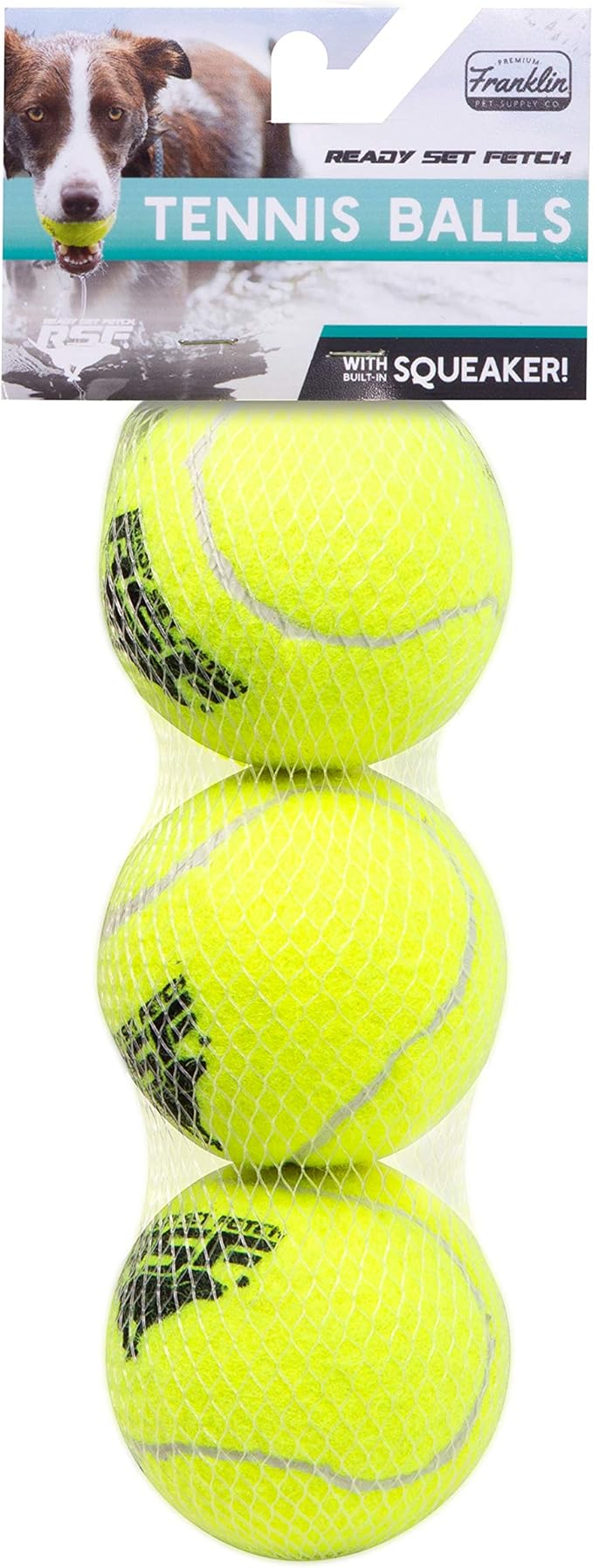 Franklin Pet Supply Co. Squeaky Dog Tennis Balls - Ready Set Fetch Dog Toy Tennis Balls with Squeaker - Perfect Pet Toy Fetch Ball for Small, Medium + Large Dogs - 3 Pack