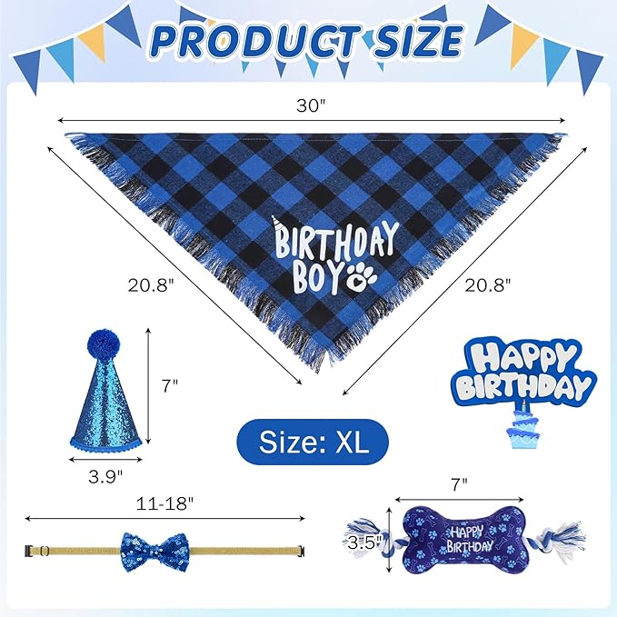 SCENEREAL Dog Birthday Party Supplies, Dog Birthday Bandana Hat Toy Bow Tie Collar Set with Birthday Numbers, Pet Birthday Scarf Accessories Outfit Decorations for Boy Girl Large XL Dogs