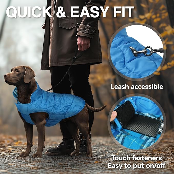 VIVAGLORY Softjoy Dog Coat, Dog Jacket for Winter & Christmas, Coat with Harness Hole & Velcro Closure, Reversible Plaid Checkered Warm Fluffy Heavy Duty for Puppy, XL, Blue