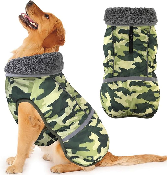 Dogcheer Warm Dog Coat, Waterproof Dog Jacket Reflective Adjustable Puppy Winter Coat with Buckle, Christmas Pet Snow Jacket Turtleneck Fleece Sweater for Small Medium Large Dogs- Camo Green, 2XL