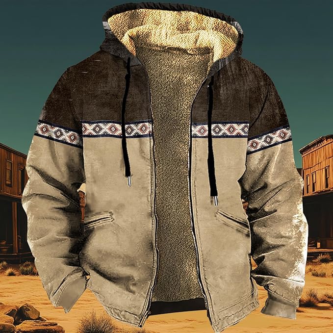Men's Western Aztec Jackets Hooded Cowboy Hoodie Warm Full Zip Ethnic Vintage Long Sleeve Coat Fall Winter Tops
