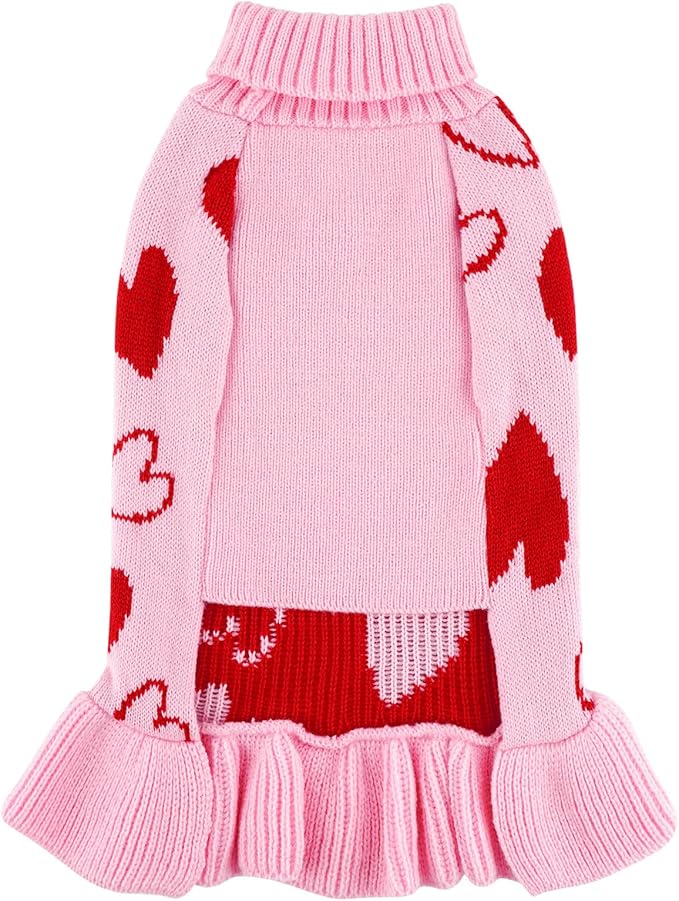 cyeollo Dog Sweaters Dress Valentines Day Dog Clothes Pullover Turtleneck with Leash Hole Heart Pattern Holiday Theme Female Pet Apparel Sweaters for Small Dogs
