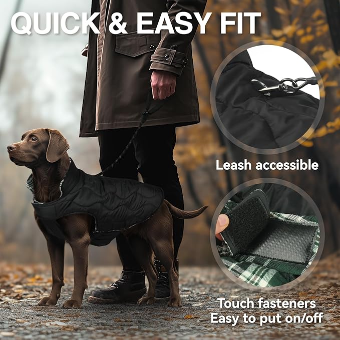 VIVAGLORY Softjoy Dog Coat, Dog Jacket for Winter & Christmas, Coat with Harness Hole & Velcro Closure, Reversible Plaid Checkered Warm Fluffy Heavy Duty for Puppy, XXS, Green