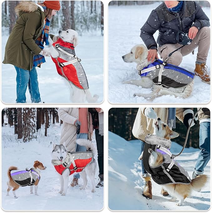SlowTon Dog Jacket with Harness Built in - Waterproof Fleece Winter Warm Dog Coats for Small Medium Dogs, Reflective Adjustable Furry Puppy Vest Clothes for Outdoor Walking (PU, XS)