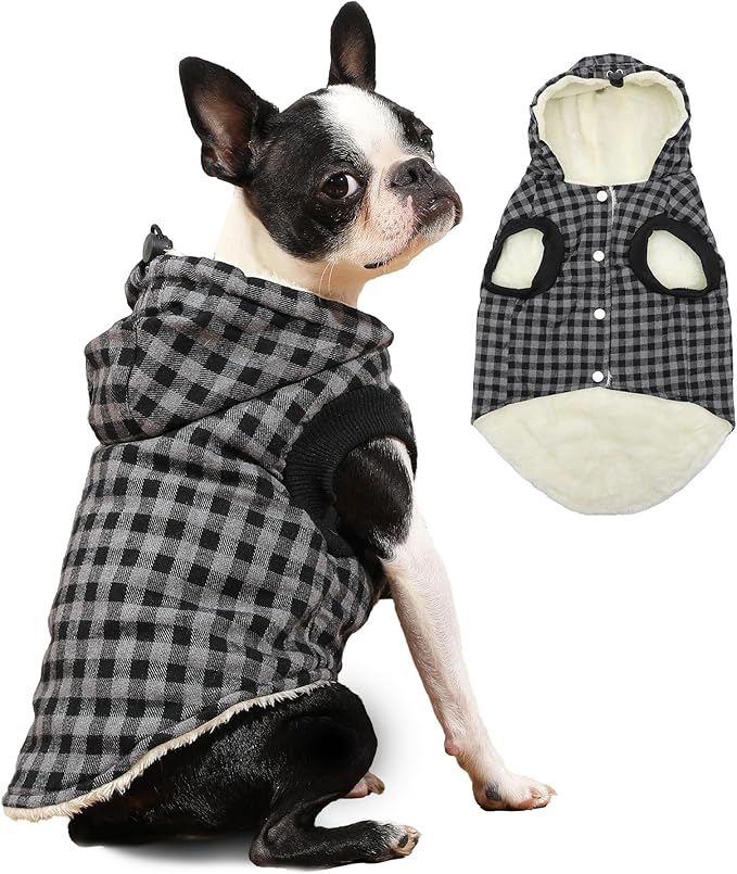 Fleece Lining Dog Hoodie for Medium Dogs Extra Warm Plaid Sweater with Drawstring Hooded Coats in Winter Doggie Jacket,Black L