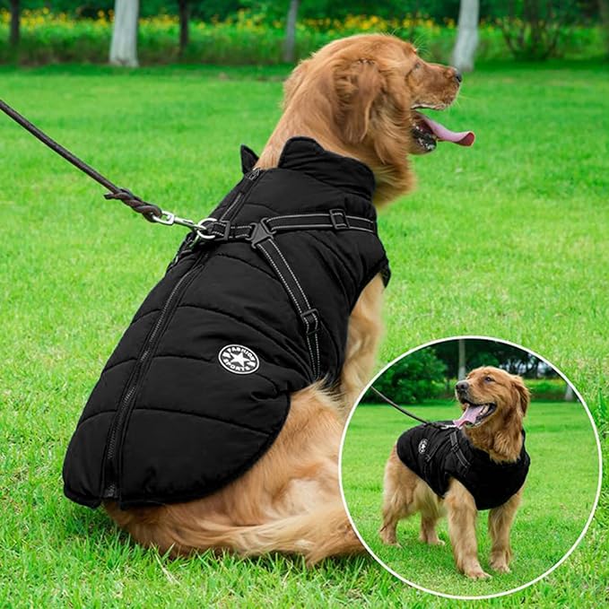Aiboria Dog Coat for Winter Waterproof Dogs Jackets Windproof Fleece Small Dog Vest Harness Winter Padded Pet Black XL