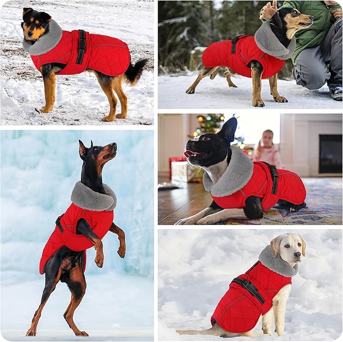 Dog Coat, Waterproof Dog Winter Jacket with Adjustable Buckle, Reflective Turtleneck Pet Snow Vest Warm Fleece Sweater for Small Medium Large Dogs - Red, 2XL