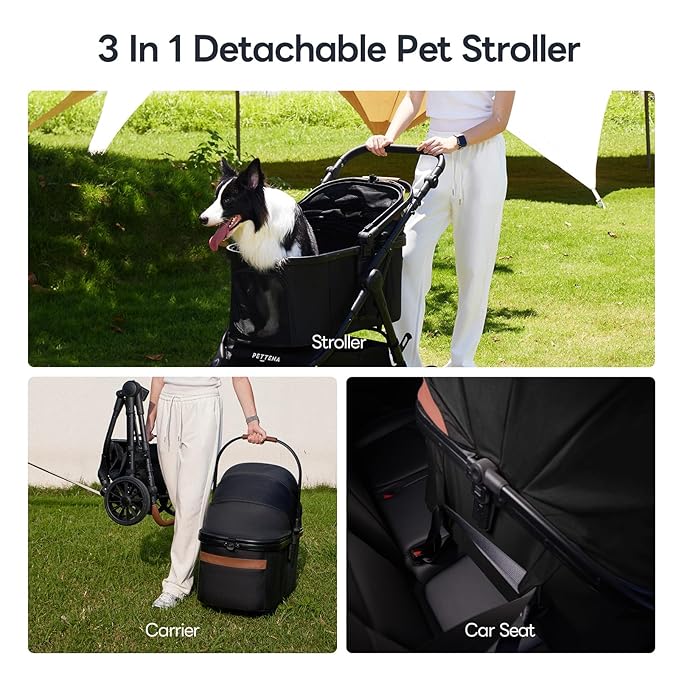 Pet Stroller with 4 Wheels, 4 in 1 Folding Puppy Strollers for Small/Medium Dogs up to 66lbs, Lightweight Pet Travel Carrier with Detachable Carrier/Storage Basket, One Click Folding, Black
