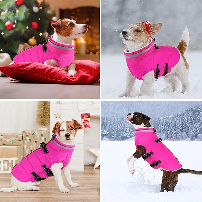 Dogcheer Dog Coat, Waterproof Dog Jacket with Harness, Reflective Adjustable Puppy Winter Coat with Zipper, Christmas Snow Jacket Clothes for Small Medium Large Dogs - Pink 3XL