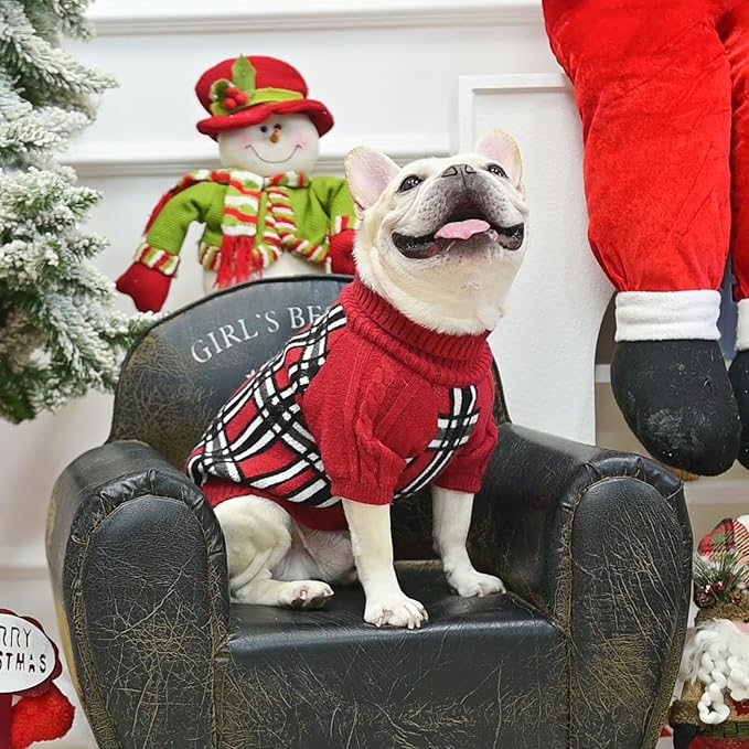 SCENEREAL Turtleneck Dog Sweater for Small Medium Large Dogs Girls Boys, Christmas Plaid Pullover Puppy Sweatershirt, Dogs Cold Weather Outfit Clothes, Ideal Gift for Pet in New Year, Red Plaid XS