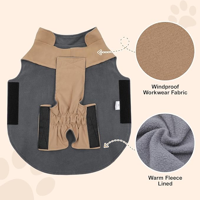 Workwear Style Dog Coats with Harness Built in for Small Dogs Windproof Warm Puppy Jacket with Storage Pockets for Cold Winter,LightBeige XXL