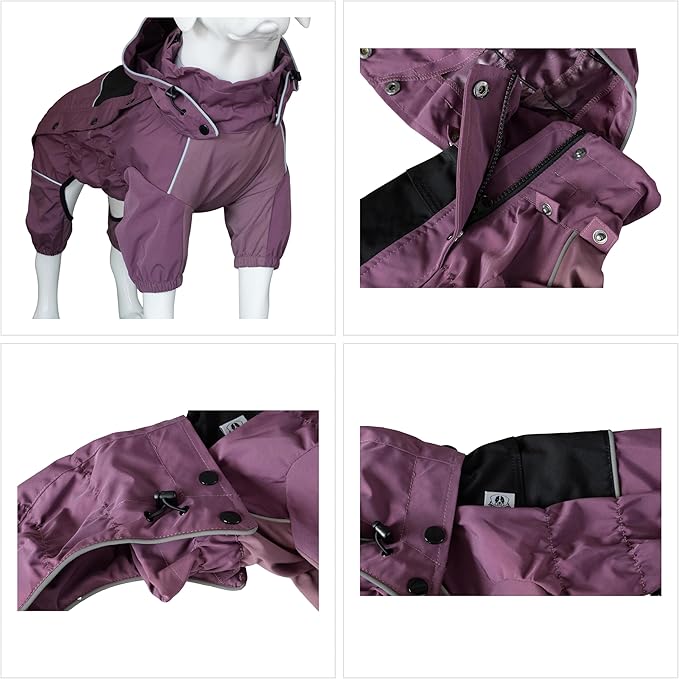 LOVELONGLONG Waterproof Dog Raincoat with Removable Hood – Outdoor Full Body Dog Jacket, Windproof Snowproof Shell Suit – All Season Pet Rain Gear Plum Purple L