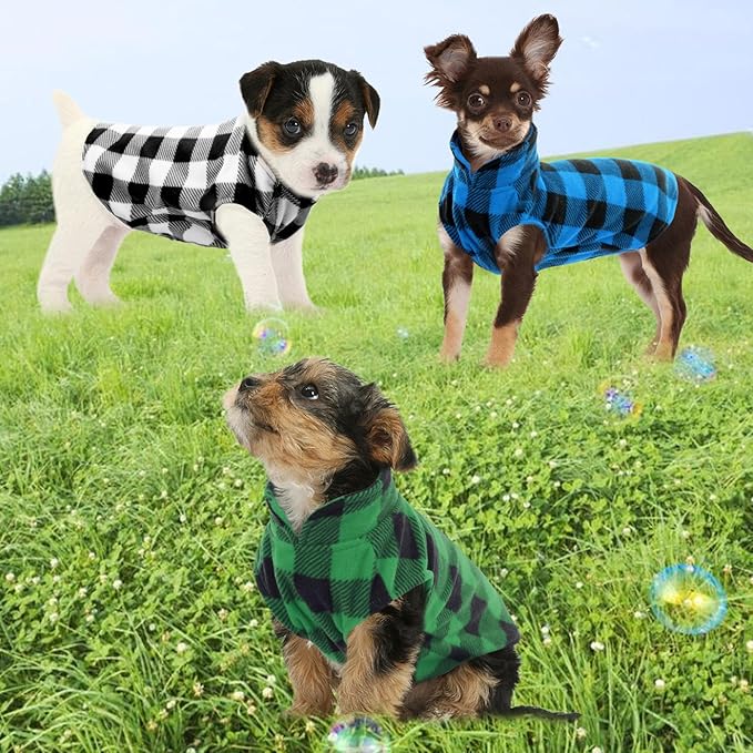 Kama Bridal 3 Pack Dog Coat - Spring, Autumn, Winter - Fleece Vest for Cats & Small/Medium Dogs - Blue, Green, Black Plaid (XS)