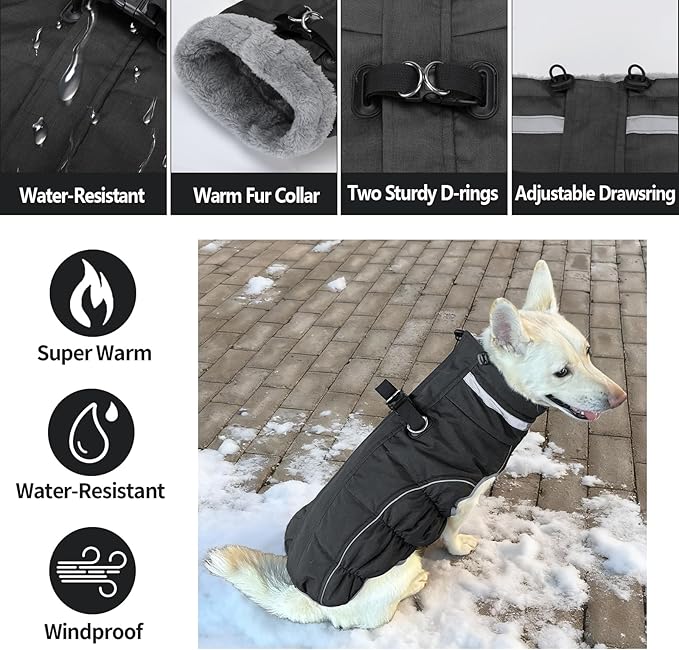 Malier Dog Coat, Reflective Dog Jacket Waterproof Windproof Puppy Cold Weather Coats with Harness Built in, Winter Extra Warm Pet Coat Fleece Vest for Small Large Pets and Puppy (Black, Small)