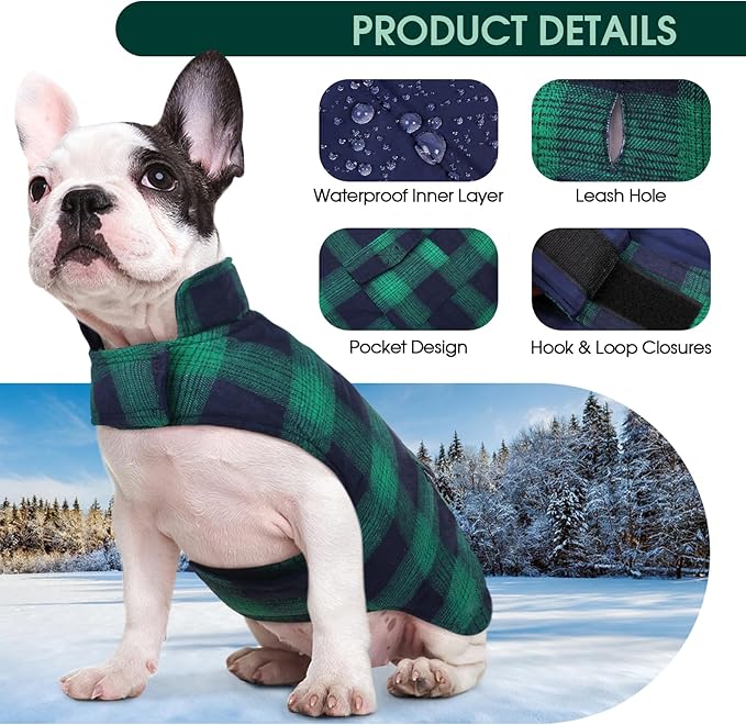Kuoser Dog Winter Coat, Reversible Dog Jacket, Warm Doggie Coat British Style Puppy Cold Weather Vest, Windproof Pet Clothes Vest for Small Dogs, Green S