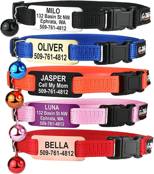 GoTags Cat Collars with Personalized Tag, Breakaway Collar with Safety Buckle Matching Bell, Engraved Custom with Name and Phone, Adjustable for Cats and Kitten, (Orange with Nameplate)
