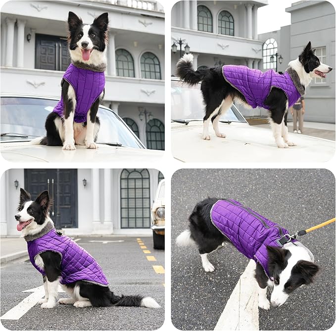 Warm Fleece Dog Coats with Durable Harness Buitl in D-Ring,Waterproof Doggie Jacket for Medium Dogs,Dog Vest for Cold Winter,Purple L