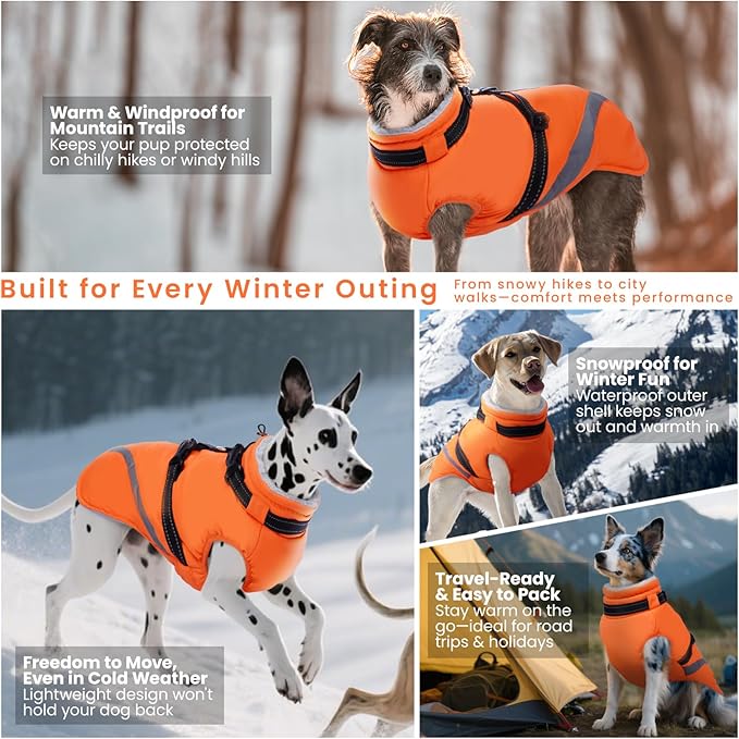 QBLEEV Dog Coat for Medium Dogs, Waterproof Dog Winter Coat with Built-in Harness and D-Ring, Zip Up Pet Cold Weather Coats with Fleece Lined, Warm Snowsuit Gear Vest for Pug Boston Terrier, Orange, M
