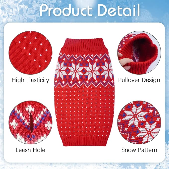 Kuoser Dog Sweater, Holiday Christmas Snowflake Pet Warm Knitwear Dog Sweaters Soft Puppy Clothing, Doggie Turtleneck Cold Weather Outfit Pullover for Small Medium Large Dogs Cats, Red 2XL