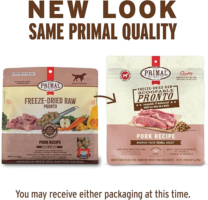 Primal Freeze Dried Dog Food, Pronto Mini Nuggets, Pork; Scoop & Serve, Complete & Balanced Meal; Also Use As Topper or Treat; Premium, Healthy, Grain Free, High Protein Raw Dog Food (7 oz)
