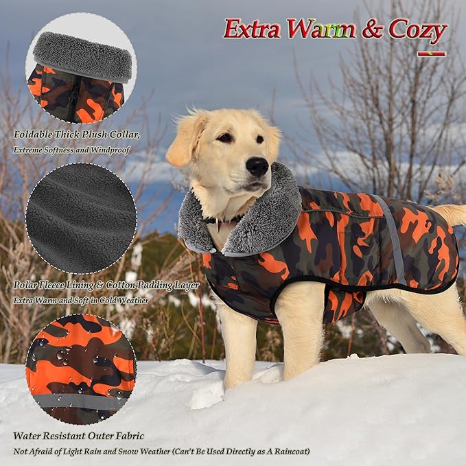 Dogcheer Warm Dog Coat, Waterproof Dog Jacket Christmas Puppy Winter Coat with Buckle, Reflective Adjustable Pet Snow Jacket Turtleneck Fleece Sweater for Small Medium Large Dogs - Orange Camo, L