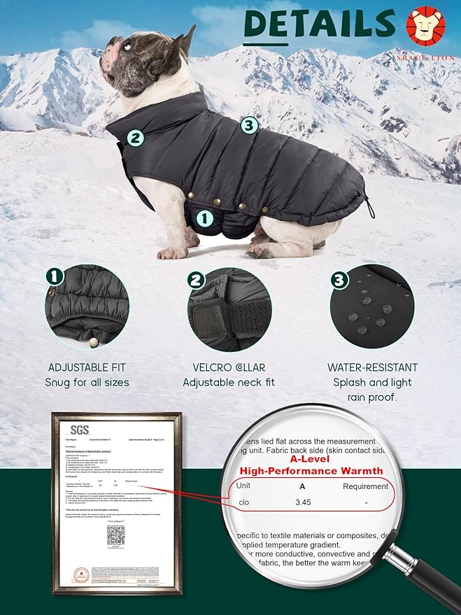 SPACE LION Dog Puffer Jacket, Down Winter Coat, Durable Outdoor Coat for Cold and Windy Conditions, Waterproof, Lightweight Jacket, Adjustable Fit for Small, Medium, Large Dogs(Black,22/XL+)