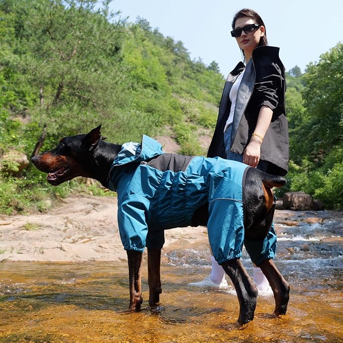 LOVELONGLONG Waterproof Dog Raincoat with Removable Hood – Outdoor Full Body Dog Jacket, Windproof Snowproof Shell Suit – All Season Pet Rain Gear Ocean Teal M