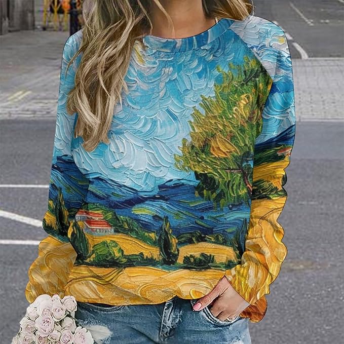 Long Sleeve Shirts for Women Cat Oil Painting Shirt 3D Graphic Sweatshirts Fall Pullover Crewneck Vintage Boho Tops