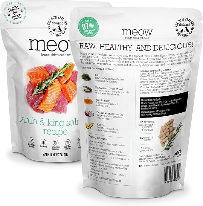 The New Zealand Natural Pet Food Co Meow Freeze Dried Cat Food - Lamb & King Salmon Recipe,High Protein Treats,Meals & Toppers,Dry Food,1.76oz