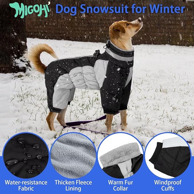 MIGOHI Full Body Dog Coat - Warm Reflective Large Dog Winter Coat with Harness,Turtleneck Fleece Jacket for Dogs,Four-Leg Windproof Puffer Jackets Snowsuit with Zipper for Small Medium Large Dogs,3XL