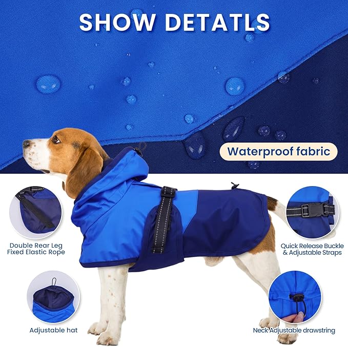 BRKURLEG Dog Raincoat Adjustable Dog Rain Jacket with Hood Dogs Waterproof Rainproof Jacket with Leash Hole Pet Poncho Rain Coat Poncho with Reflective Strip, Blue, M
