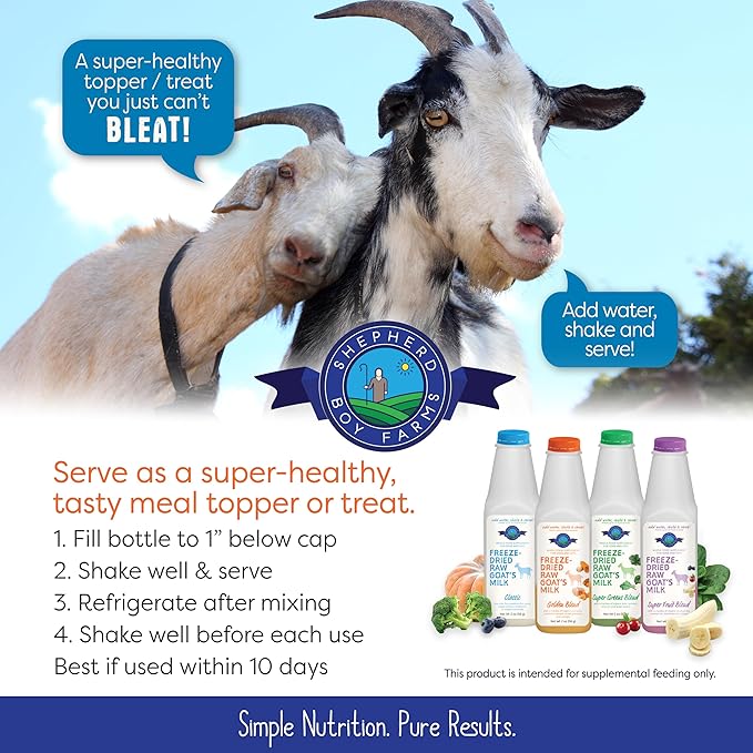 Shepherd Boy Farms Freeze Dried Raw Goats Milk with Probiotics for Dogs & Cats (Golden Blend), Organic USA Veggies & Fruits, High Protein, Digestible Goat Milk Powder, Food Toppers - Makes 32 FL OZ