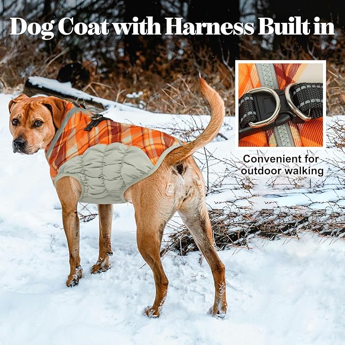 Lelepet Warm Dog Winter Coat Dog Coats for Medium Dogs Waterproof Dogs Jacket with Harness Built in Reflective Cold Weather Coats Windproof Zip-Up Winter Fleece Vest Snowsuit Dachshund Orange Plaid