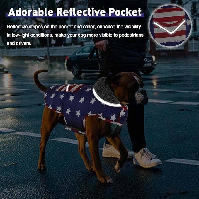 Dog Coat, Waterproof Dog Winter Jacket with Pocket, Reflective Adjustable Pet Snow Vest, Warm Cozy Fleece Sweater for Small Medium Extra Large Dogs - American Flag, M