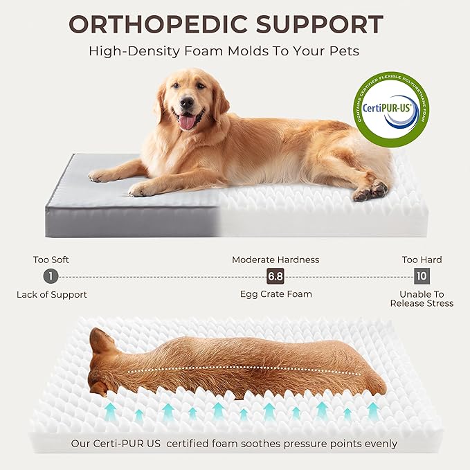Orthopedic Dog Bed for Ctrate, Waterproof PillowTop Pet Bed for Medium Large Size Dogs, Egg-Crate Foam Dog Crate Mat with Removable Washable Cover, 2-Layers Kennel Pad 36"L x 27"W, Light Grey